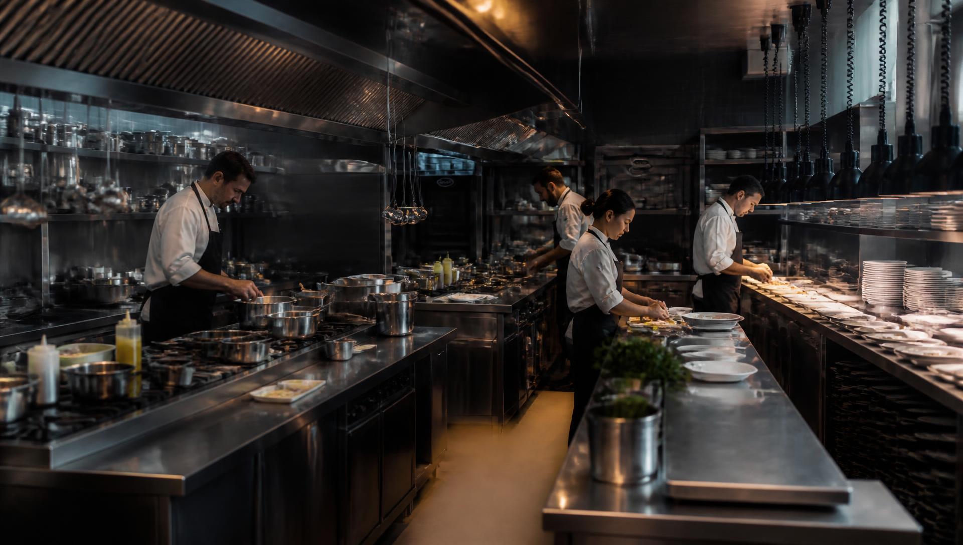 Professionellt restaurangkök i rostfritt stål med kockar i arbete